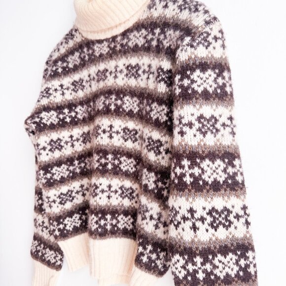 Vintage Fairisle Ivory Brown Icelandic Wool Turtleneck Sweater S - Picture 4 of 9